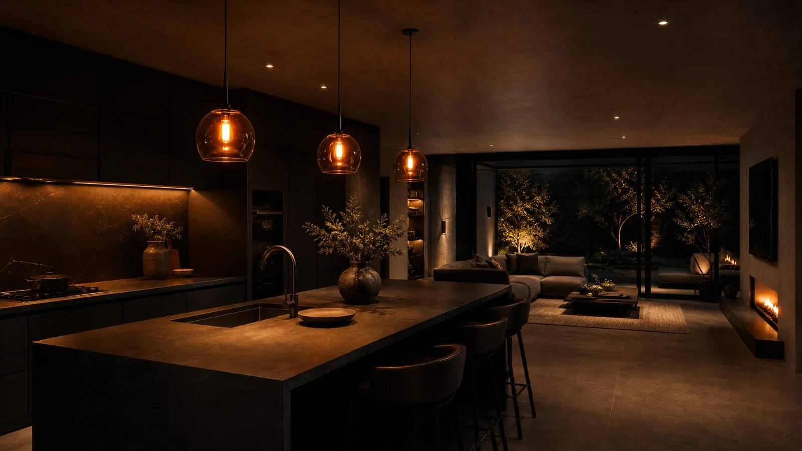Illustrative image of a dark modern kitchen lit by warm amber pendant lights