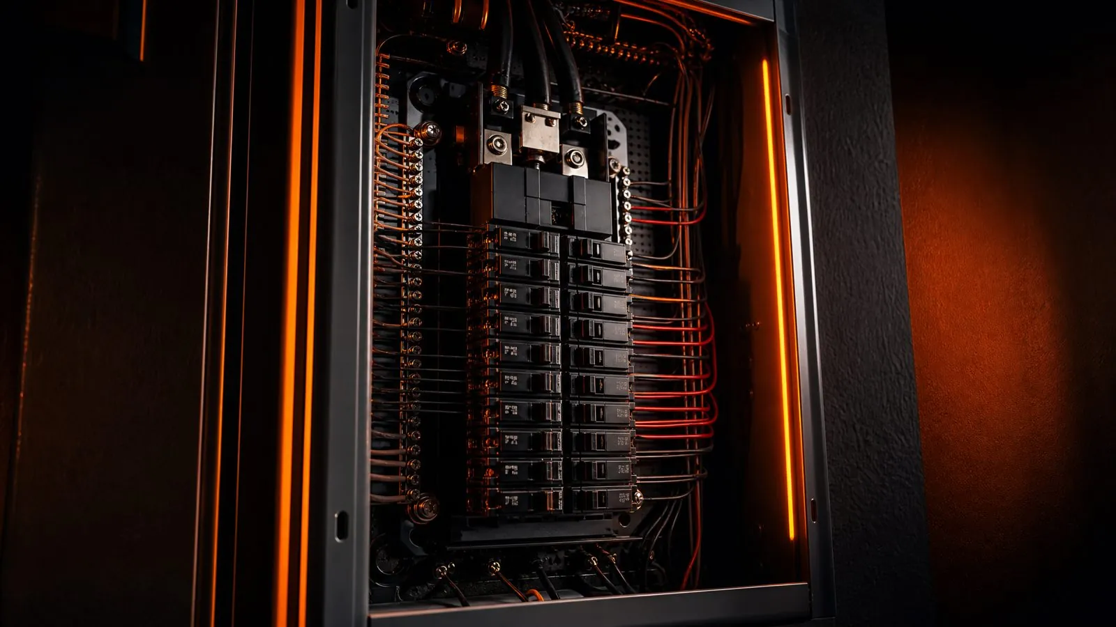 Illustrative image of an open residential breaker panel with neat wiring, lit by a warm orange glow