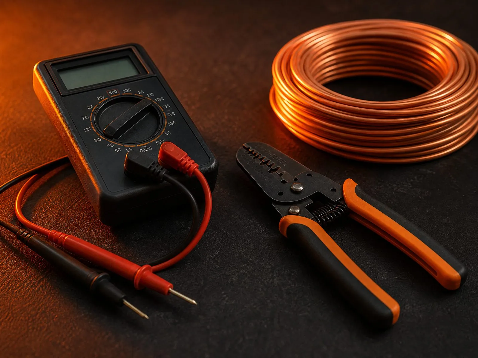 Illustrative image of a multimeter, wire strippers and copper cable on a dark work surface